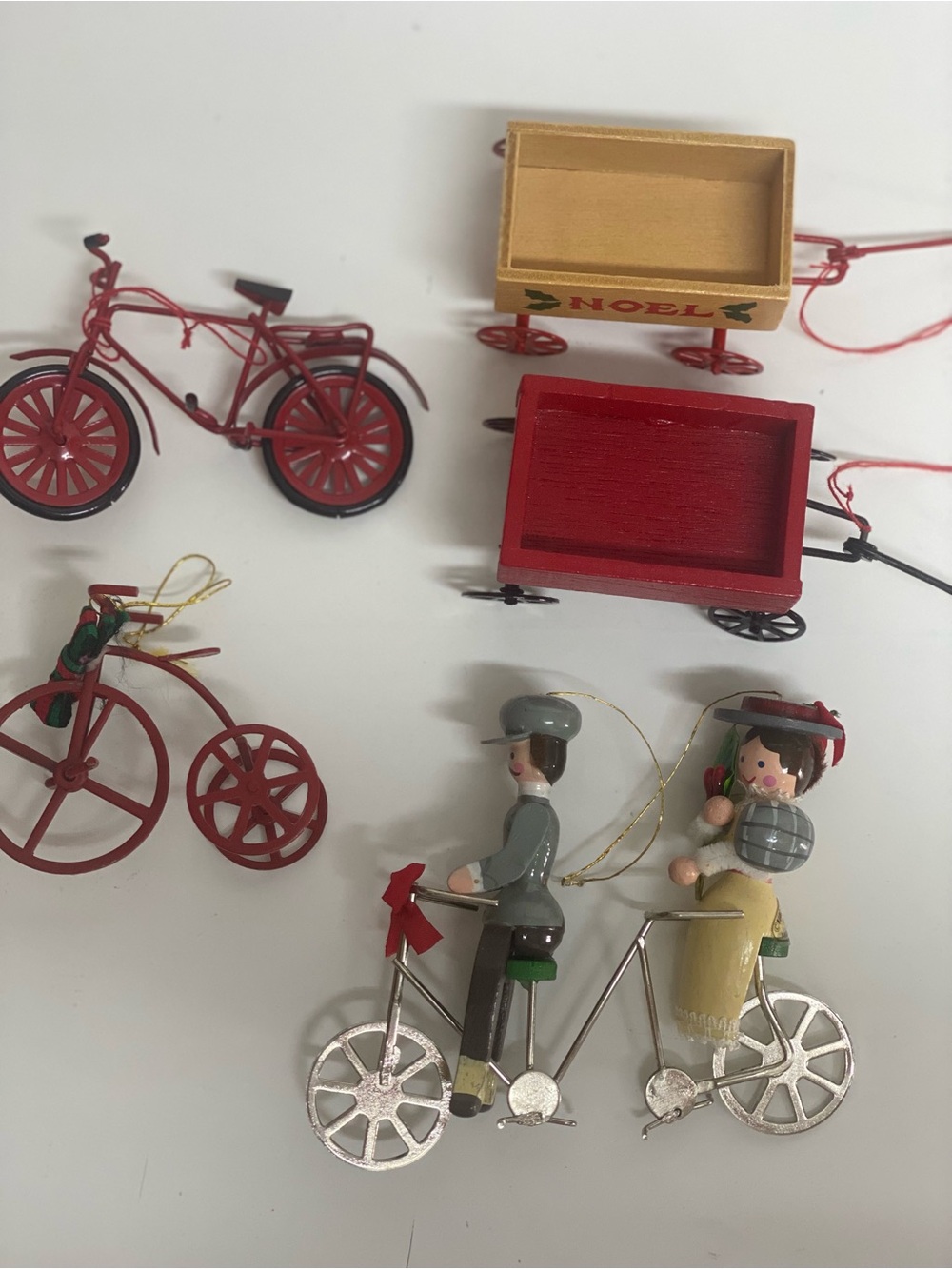 5 Christmas Ornaments Wooden Tandem Bicycle Couple Wagons Tricycle Lot of 5